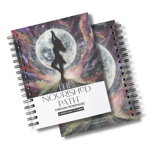 Planner with a cover featuring a silhouette of a woman and a moon, titled 'The Nourished Path Through Menopause'.